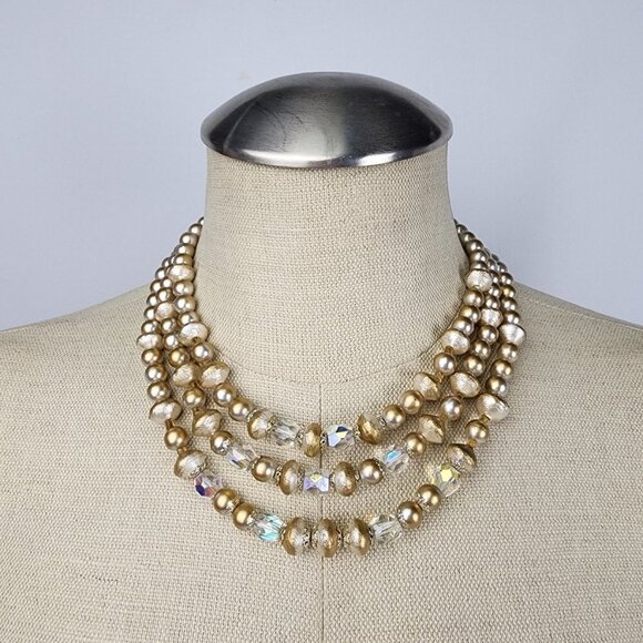 Vintage Gold AB Crystal Beaded Layered Necklace - Picture 1 of 6